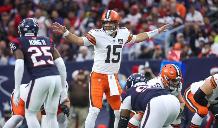 Dec 24, 2023; Houston, Texas, USA; Cleveland Browns quarterback Joe Flacco (15) at the line of scrimmage during the game against the Houston Texans at NRG Stadium.